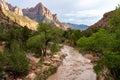 View of The Watchman rock formation along the Virgin River in UtahÃ¢â¬â¢s Zion National Park at the Golden Hour Royalty Free Stock Photo